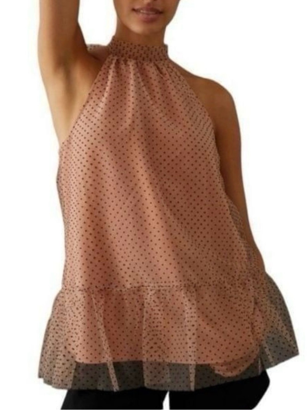 By Anthropologie Polka Dot Mesh High Neck Tunic Blouse Size XS Pink/rose Relaxed